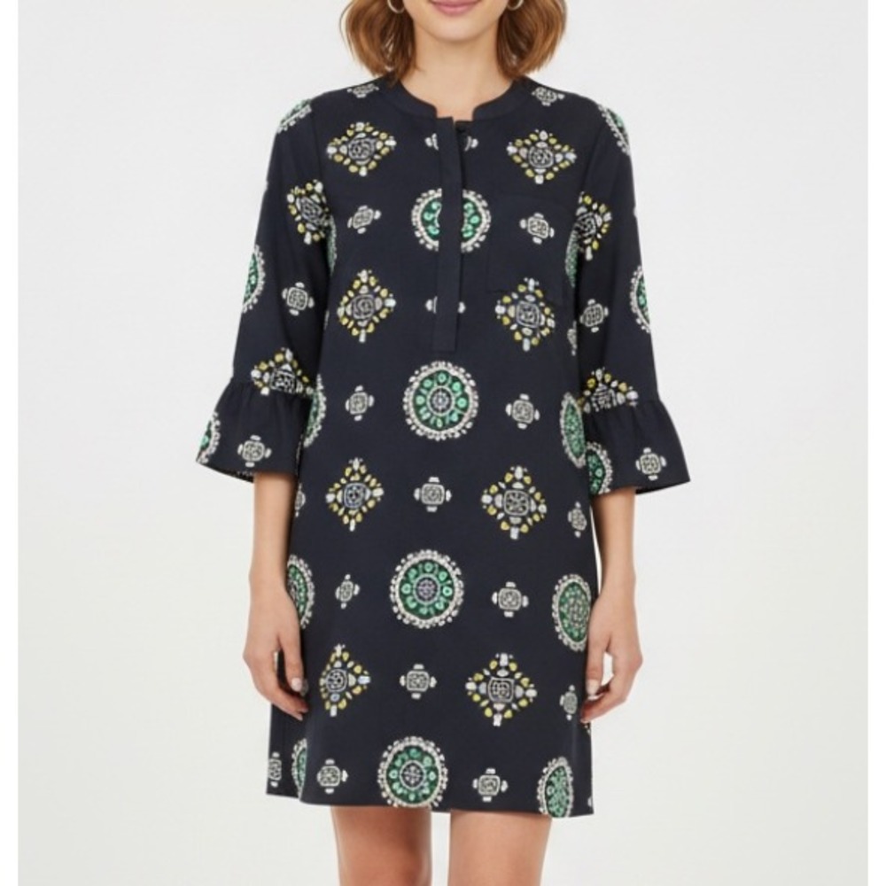 CROWN & IVY Blue CREPE 1/4 Button BELL SLEEVES Pocket BOHEMIAN Shift Dress Sz 8